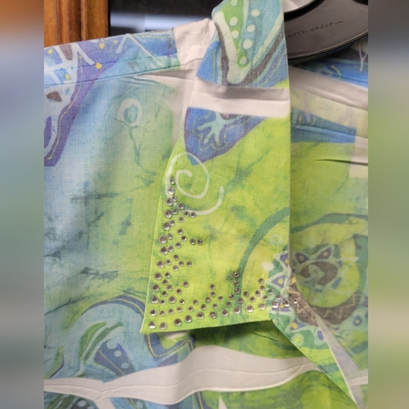Las Olas 2X Green Blue Button Up 3/4 Sleeve - Picture 4 of 7